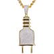 Gold Plated Iced Out Electric Plug Pendant Cuban Chain Set